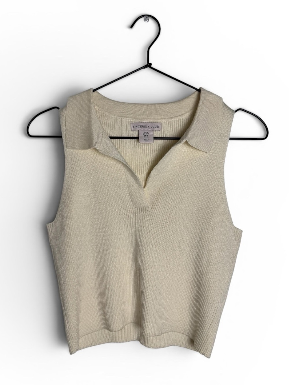 Sincerely Jules Cream Sleeveless Ribbed Knit Polo Crop Top